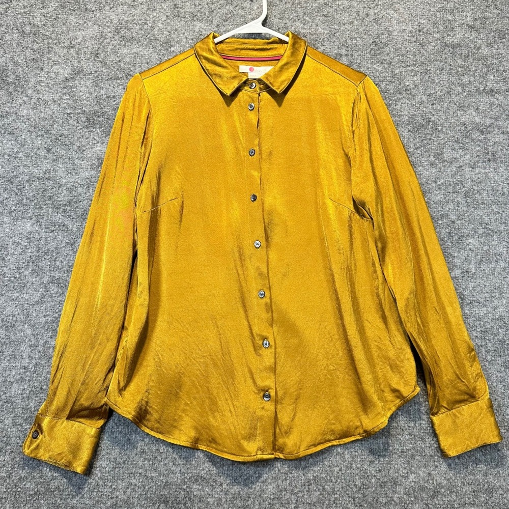 Boden Button Down Shirt Women Size 8 Gold Satin Viscose Office Chic Blouse